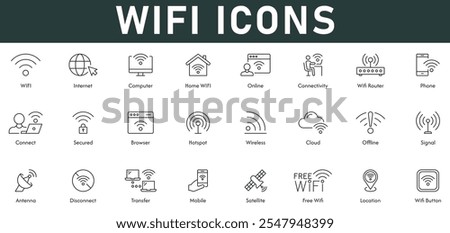 Wifi Icons vector illustration with thin line editable stroke contain internet computer online connectivity wifi router phone connect secured browser hotspot wireless cloud offline signal