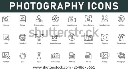 Photography Icons vector illustration with thin line editable stroke contains camera picture aperture photograph gallery lens capture no flash crop photo print face detection photographer