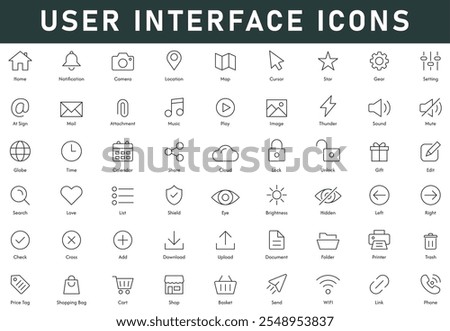 User Interface Icons vector illustration with thin line editable stroke contains home notification camera location phone WIFI shop download add eye love search cloud edit lock share