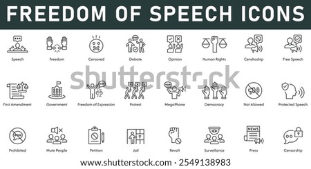 Freedom of Speech Icons vector illustration with thin line editable stroke contains censored debate opinion human right press revolt jail petition mute people prohibited democracy protest