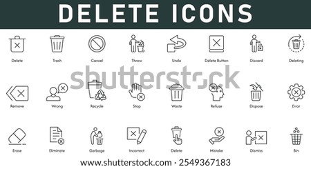 Delete Icons vector illustration with thin line editable stroke contains trash cancel throw bin undo dismiss incorrect erase error dispose refuse recycle stop remove wrong discard