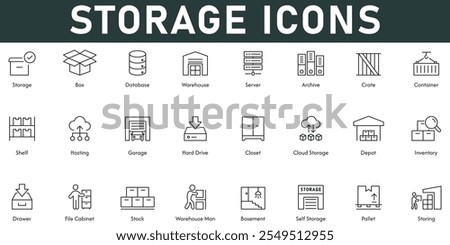 Storage icons vector illustration with thin line editable stroke contains database warehouse archive server container shelf depot basement pallet stock drawer closet hard drive crate inventory box