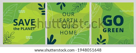 Set of Earth Day posters with green backgrounds, liquid shapes, leaves and elements. Layouts for prints, flyers, covers, banners design. Eco concepts. Vector illustration Stockfoto © 