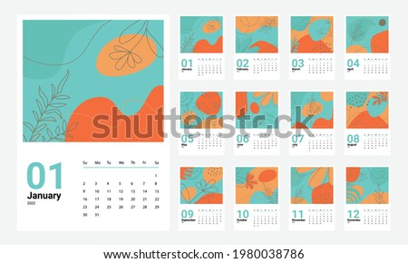 Calendar 2022 template vector, Set Desk calendar 2022, wall calendar design, Planner, Week start on Sunday, vertical layout, Set of 12 Months, cover design memphis style, vector illustration