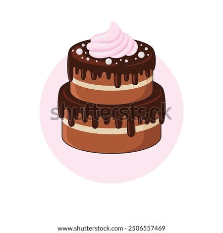 Delicious Layer Chocolate Cake with Cream Filling, Chocolate Topping, Whipped Cream and Sprinkles on top. Cartoon Cake Vector Illustration.