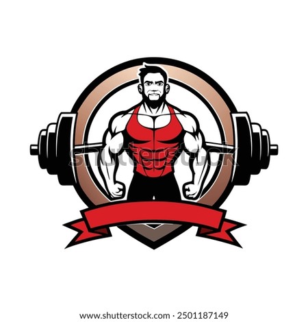 Fitness Logo with Barbell and Man Vector Illustration