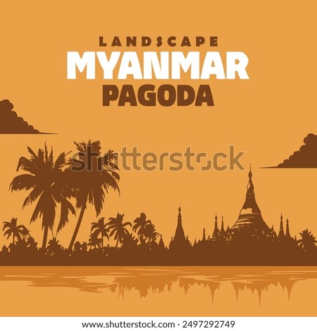 Myanmar Pagoda Landscape Vector, Travel Poster Silhouette