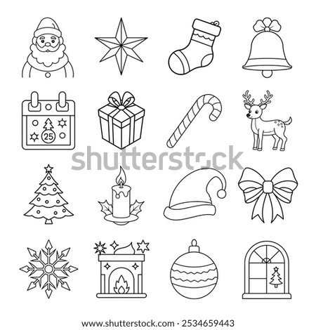 Set of 16 chrismas elements vector line art