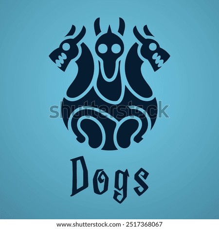 A vector illustration and logo of three interconnected dogs (Cerberus) with a spooky, design, sharing a linked body. Perfect for horror-themed, creepy graphics, and unsettling designs, Halloween too.