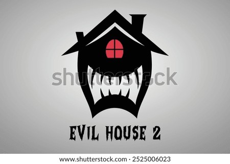 A vector illustration and logo of a haunted Halloween house with a red window as an eye and sharp, menacing teeth plus a creepy laughing expression, perfect for eerie decorations and haunted designs.