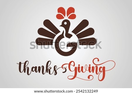 A vector illustration and logo of a Thanksgiving turkey creatively shaped to form the letter 