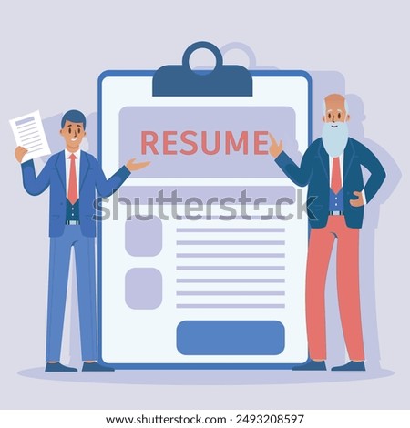 Cartoon male businessman characters standing by the giant clipboard with a resume form attached to it. Young and senior men pointing on the cv blank. Flat design. Vector illustration.