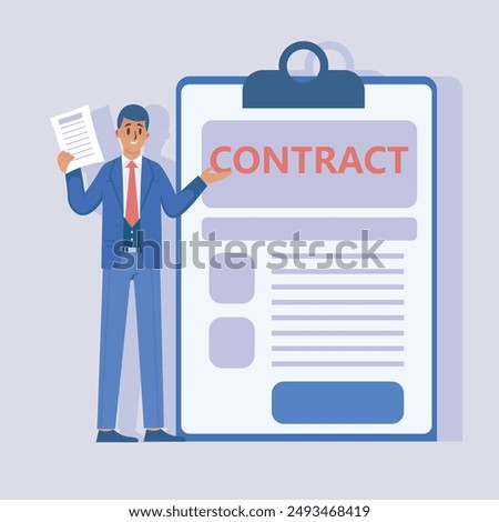 Cartoon male businessman character standing by the giant clipboard with a resume form attached to it. Young man pointing on the cv blank. Flat design. Flat illustration.