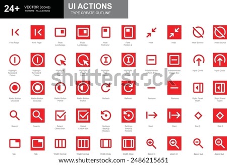 Set of white and red outline style UI action icons including first page, remove, start,  zoom in, and more