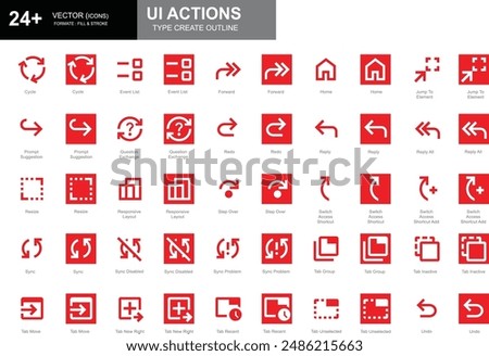 Set of white and red outline style UI action icons including cycle, resize, redo, and more