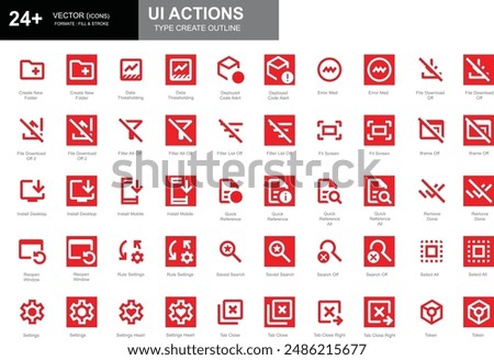 Set of white and red outline style UI action icons including error med, fit screen, token, and more