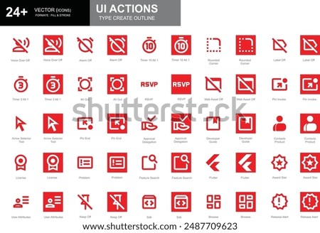 Set of white and red outline style UI action icons including pin end, problem, flutter, keep off, and more