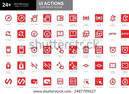 Set of white and red outline style UI action icons including outbound, offline pin, alarm add, code off, and more