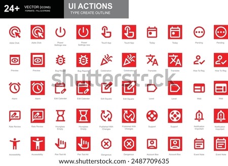 Set of white and red outline style UI action icons including adds click, touch app, alarm, preview, and more