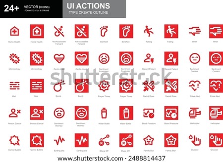 Set of white and red outline style Social UI action icons including home health, mist, personal cancel, and more