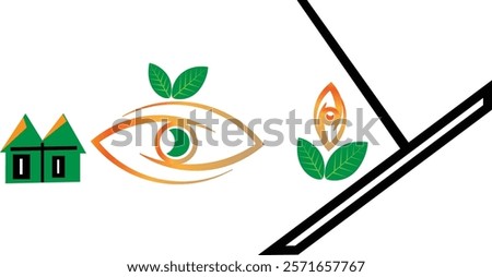 This modern, minimalist design features an eye with a green leaf, symbolizing sustainability. Geometric patterns on the left add symmetry. The gold, black, and white color scheme gives it a sleek, pro