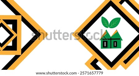 This modern, minimalist design features an eye with a green leaf, symbolizing sustainability. Geometric patterns on the left add symmetry. The gold, black, and white color scheme gives it a sleek, pro