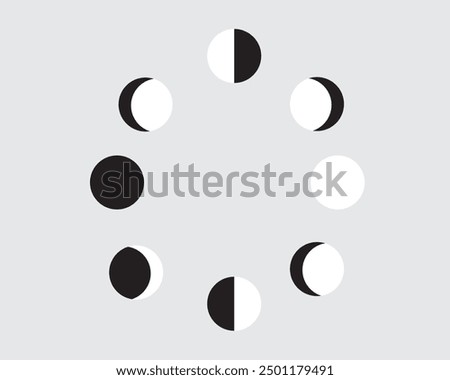 The phases of the moon. White and black vector illustration. Astrology, astronomy, illustration, vector, nature, new moon, last, first quarter, full, waxing, waning gibbous, crescent. secondary.  