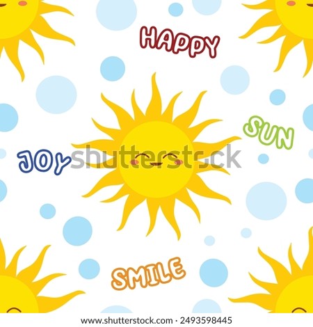 The seamless pattern features a playful and cheerful pattern of smiling suns with various words 