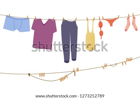 Clothes hanging on a rope, Flat vector illustration isolated on white background with wash clothes, linen on the rope, cartoon flat illustration