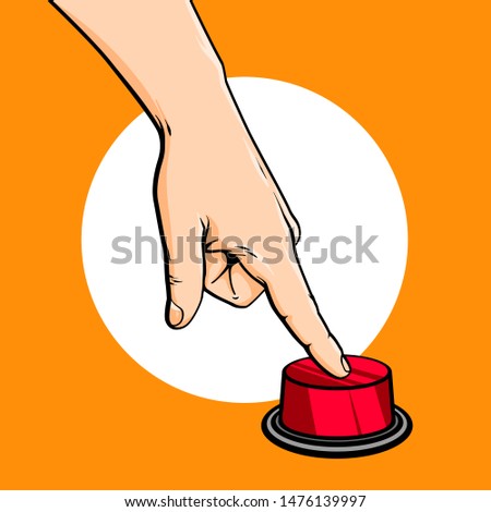 Vector hand drawn sketch cartoon illustration of human hand and finger, press red button, vector illustration isolated on orange background Foto d'archivio © 