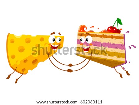 Vector two character. Slice of pie and cheese. Isolated on white background. Cartoon style.