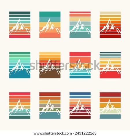 Rectangular shape with striped gradient and mountain peaks line. Ombre sunrise in vintage colors. Background, vector illustration. Mount landscape, hiking, adventure, trip, travelling vibes