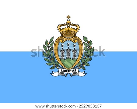 Vector image of San Marino's official flag. Featuring the emblem with three towers in vivid blue and white, symbolizing independence and heritage. Ideal for cultural, historical, and political content