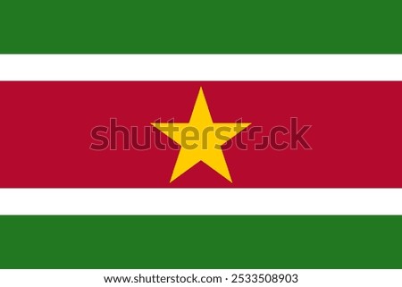 Vector illustration of the Surinamese flag with bold red, green, white, and gold stripes and a central golden star. Ideal for patriotic projects, cultural representations, and national pride themes