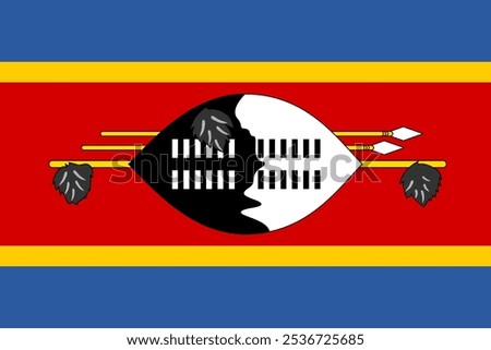 High-quality vector image of the Flag of Eswatini (Swaziland) featuring vibrant blue, red, and yellow stripes with traditional emblem of shield and spears. Ideal for cultural, patriotic, or historical