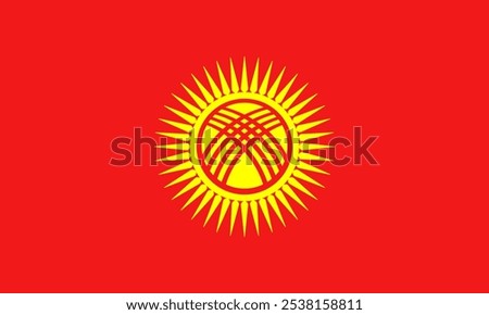 High-quality vector image of the Flag of Kyrgyzstan featuring the radiant red background with a yellow sun and yurt emblem. Perfect for patriotic, cultural, or historical design projects