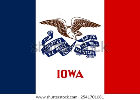 The official flag of Iowa features an eagle on a blue, white, and red field, symbolizing liberty and pride. Iowa is known for its history, culture, and agricultural landscapes