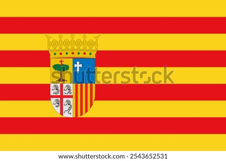 The official flag of Aragon features red and yellow stripes with a crown, symbolizing heritage and unity. Aragon is known for its history, vibrant culture, and Mediterranean landscapes