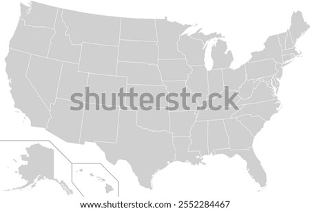 A detailed and clear blank map of the United States of America, specifically excluding any territories or regions outside the mainland, such as Puerto Rico and Guam. This vector illustration features 