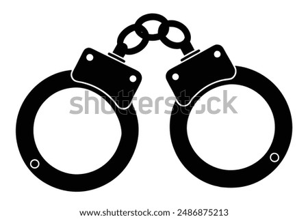 The image depicts a stark contrast between a black silhouette of handcuffs against a pristine white background. The silhouette of the handcuffs is sharp and defined, capturing the intricate details of