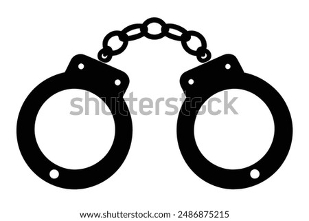 The image depicts a stark contrast between a black silhouette of handcuffs against a pristine white background. The silhouette of the handcuffs is sharp and defined, capturing the intricate details of