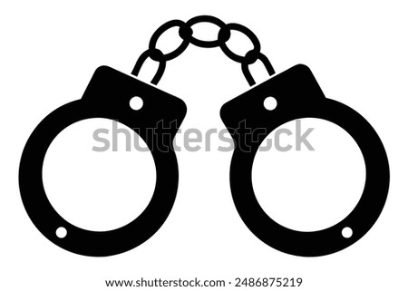 The image depicts a stark contrast between a black silhouette of handcuffs against a pristine white background. The silhouette of the handcuffs is sharp and defined, capturing the intricate details of