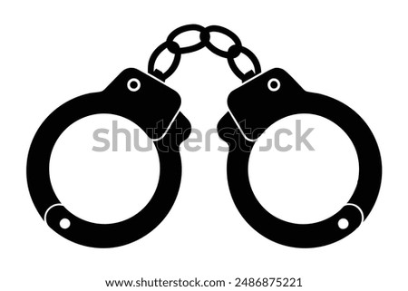 The image depicts a stark contrast between a black silhouette of handcuffs against a pristine white background. The silhouette of the handcuffs is sharp and defined, capturing the intricate details of