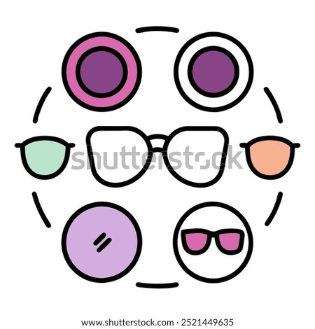 A colorful illustration showcasing a variety of eyeglass frames and lenses, perfect for optometrists, eye care professionals, or anyone needing a visual representation of different eyewear options.