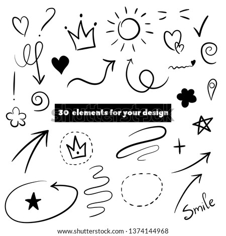 Decorate your texts and photos with hand drawn elements.Swoops, emphasis doodles. Highlight text elements, calligraphy swirl, tail, flower, heart, graffiti, and crown.