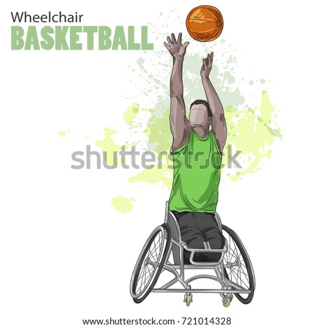 Hand drawn illustration. Wheelchair Basketball. Vector sketch sport. Graphic figure of disabled athlete with a ball. Active people. Recreation lifestyle. Man. Handicapped people.