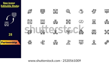 Partnership stroke icon set, featuring icons for business, win-win situations, trust, collaboration, goals, teamwork, sharing, performance, knowledge, and planning. Editable outline vector.