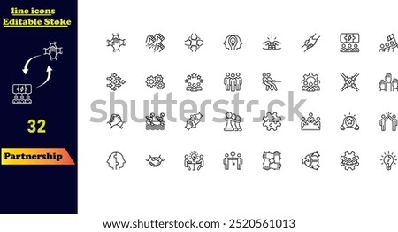 Partnership stroke icon set, featuring icons for business, win-win situations, trust, collaboration, goals, teamwork, sharing, performance, knowledge, and planning. Editable outline vector.