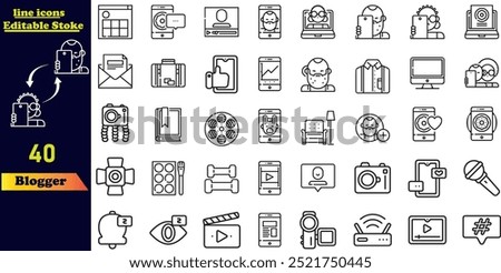 Blogger stroke icon collection, featuring icons for blogging. Editable outline web icon set with simple line illustrations.