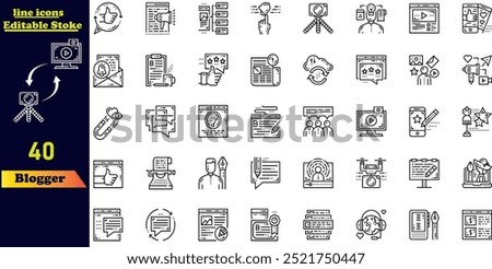 Blogger stroke icon collection, featuring icons for blogging. Editable outline web icon set with simple line illustrations.